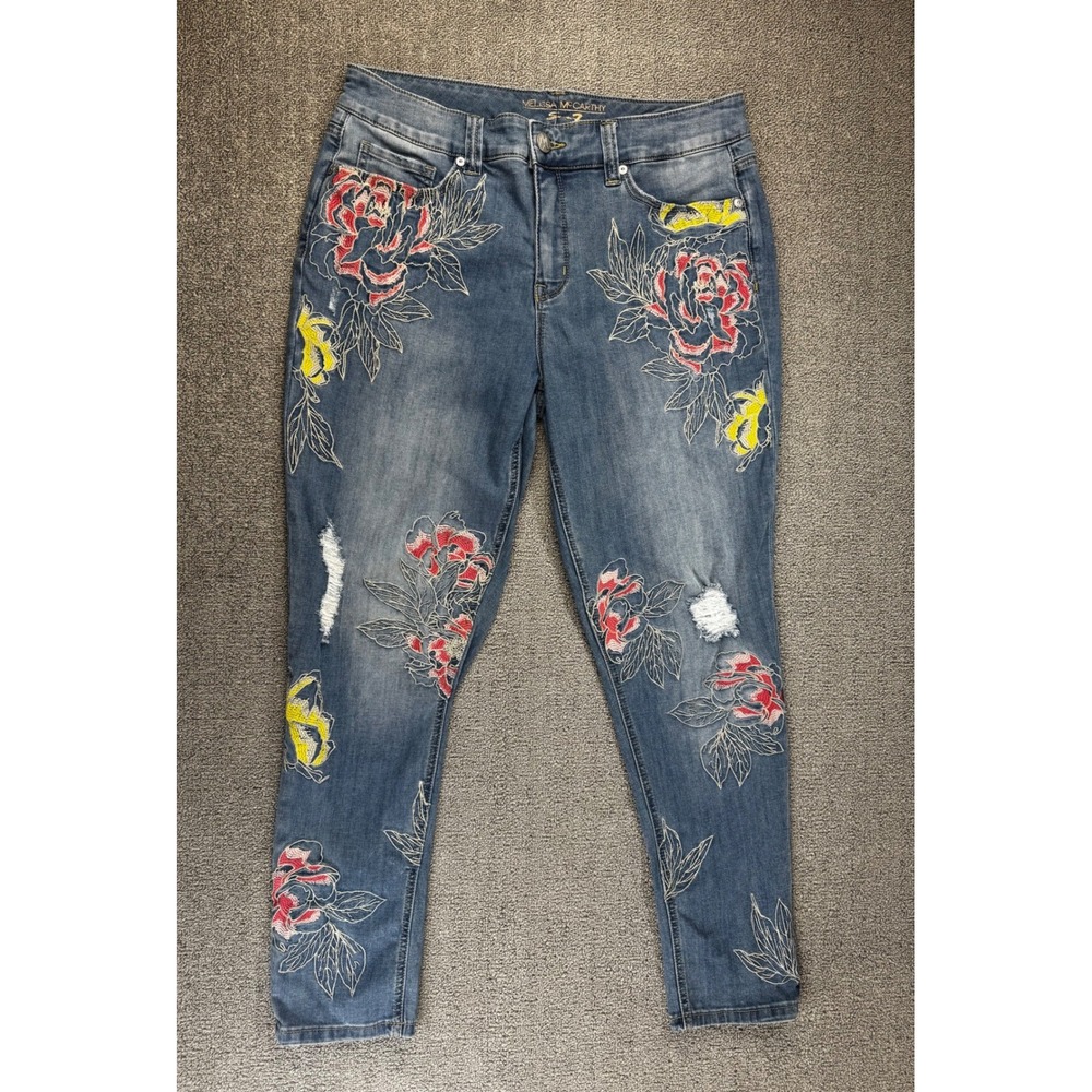 Melissa McCarthy Seven7 Jeans Size 16 Blue Floral Embroidered Distressed Skinny